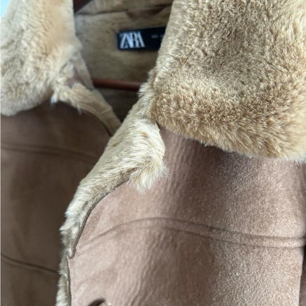 Zara Tan Shearling-Trim Button Jacket - Picture 5 of 9